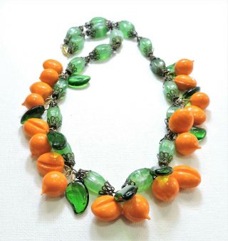 Vintage Orange Fruit Green Leaves Lampwork Art Glass Bead Necklace Jn1942