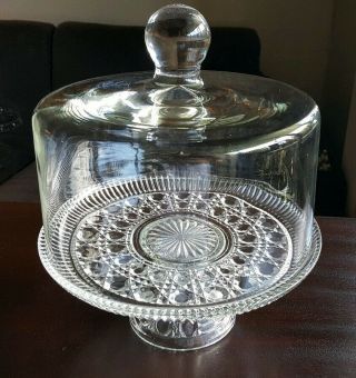 Vintage Clear Cut Glass 11 " Cake Stand Pedestal With 10.  5 " Dome Lid