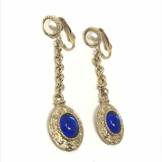 Vintage Earrings Sarah Coventry Blue Gold Tone Dangle Costume Jewelry Clip On