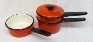 4 Pc Vtg Enamelware Double Boiler Set Red Orange Extra Pot Pan Lid Camping Set