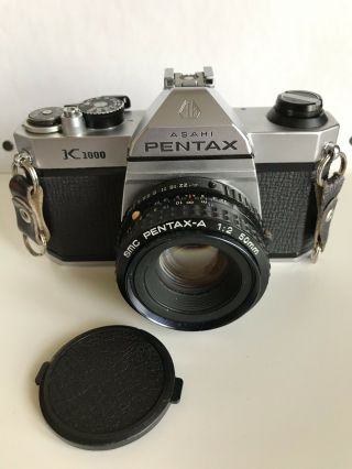 Vintage Asahi Pentax K 1000 35 Mm Camera & Smc Pentax - A 1:2 50 Mm Lens W/ Strap