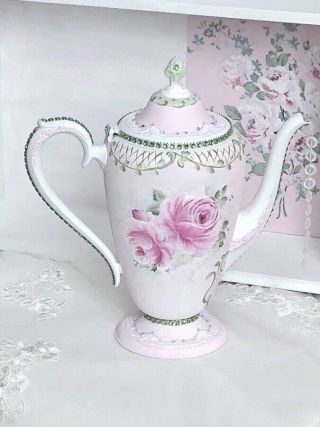 Vintage Pink Hp Roses Teapot Shabby Cottage Chic Hand Painted Victorian Jeweled