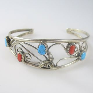 Southwest Native Turquoise Coral Cuff Bracelet Vintage Sterling Silver 11g 6.  25 "