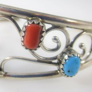 Southwest Native Turquoise Coral Cuff Bracelet Vintage Sterling Silver 11g 6.  25 