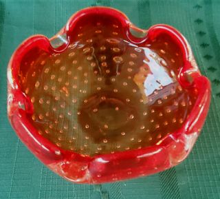 Vintage Murano Glass Ashtray Red To Clear With Controlled Bubbles Small Scratch
