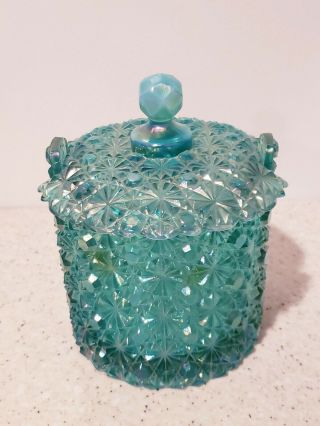 Vintage Fenton Glass Ice Blue Daisy And Button With Cover Candy Dish