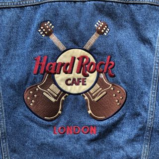 Mens Vintage Hard Rock Cafe Guitar Theme London Med Wash Denim Jean Jacket Sz L