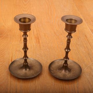 2 Brass Candlestick Holders Round Vintage Made In India Leaf Pattern