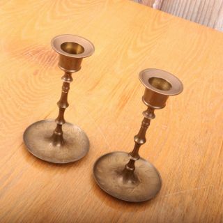 2 Brass Candlestick Holders Round Vintage Made In India Leaf Pattern 3