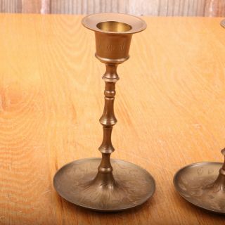 2 Brass Candlestick Holders Round Vintage Made In India Leaf Pattern 5