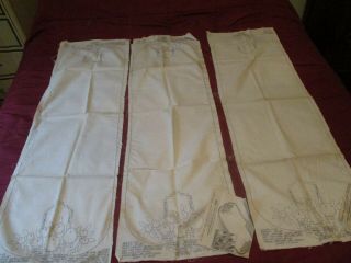 3 Vintage 1942 Stamped Linen Dresser Scarfs With Attached Tag
