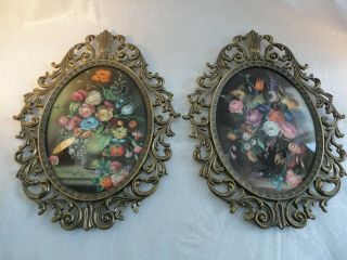Vintage Ornate Brass Framed Convex Bubble Glass Floral Pictures,  Italy