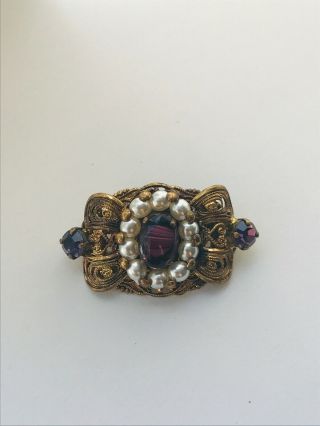 Vintage Czech Brooch Gold Tone Filigree & Purple Paste Faux Pearls Stones