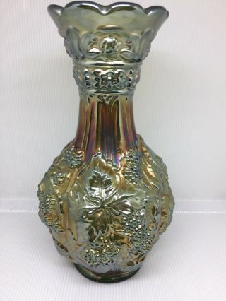 Vintage Green Carnival Glass Grape Vase 10” No Chips Or Cracks