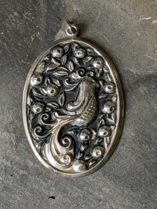 Vintage Mexico 925 Sterling Silver Bird Pendant With Bird And Plants 2 In X 1