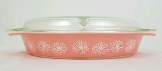 Vintage Pyrex Pink Daisy Divided Casserole Dish 1 1/2 Quart with Lid 7