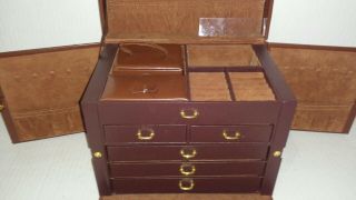 Vintage Wooden Jewelry Box Built Into Fold Up Padded Carrying Case W/mirror