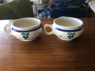 Vintage Hartstone Set Of 2 Blueberry Blue Band Soup Handled Bowls Handmade Usa