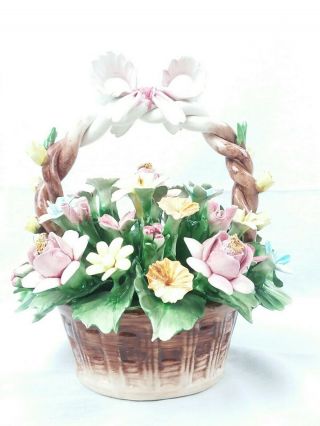 Vintage Large Capodimonte Flower Basket Tabletop Centerpiece Made In Italy 143