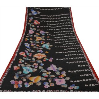 Sanskriti Vintage Black Saree Pure Georgette Silk Printed Sari Craft Deco Fabric 3