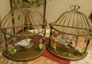 Charming Vintage Gold/brass " Bird Cages " Wall Hangings 3 Birds On Swings