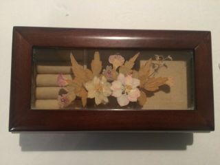 Vintage Wooden And Glass With Inlaid Pressed Flowers Musical Jewelry Box