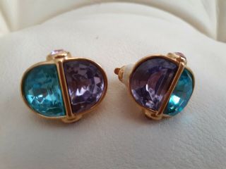 Vintage Designer Signed Trifari Tm Large Purple Pink Blue Rhinestone Earrings