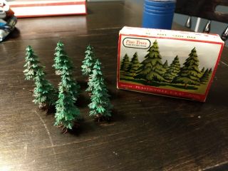Vintage Plasticville O S Scale Pine Trees Box Of 8 Complete 1404 79
