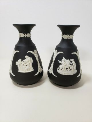 Vintage Wedgewood Black Jasper Vase Pair Made In England