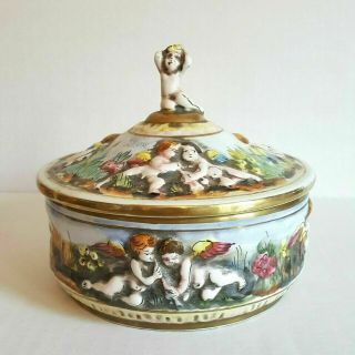 Vintage Capodimonte Made In Italy Bowl With Lid Cherubs Gold Gilded Hand Painted