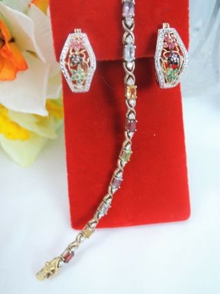 Vintage Sterling Ruby Emerald Sapphire Citrine Garnet,  Bracelet Earrings Estate