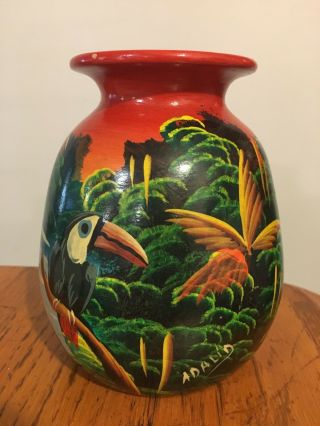 Vtg Hand - Painted Signed Aladin Tropical Pottery Vase W/ Toucan Birds