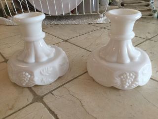 Westmoreland White Milk Glass (grape Pattern) Candle Holders (2) Vintage
