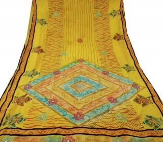 Vintage Saree Indian Poly Crepe Embroidered Fabric Art Dacor Craft Yellow Sari
