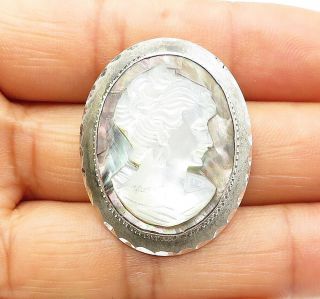 925 Sterling Silver - Vintage Mother Of Pearl Woman Cameo Brooch Pin - Bp3358