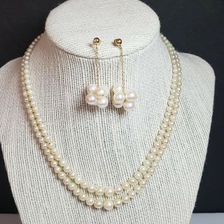 Vintage Cultured Pearl Double Strand Necklace 14k Yellow Gold Clasp & Earrings