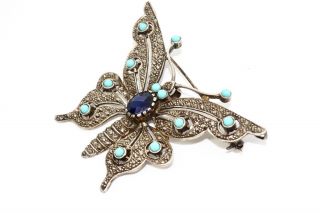 A Vintage Sterling Silver 925 Marcasite & Turquoise Sapphire Butterfly Brooch