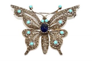 A Vintage Sterling Silver 925 Marcasite & Turquoise Sapphire Butterfly Brooch 2
