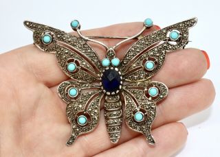 A Vintage Sterling Silver 925 Marcasite & Turquoise Sapphire Butterfly Brooch 4