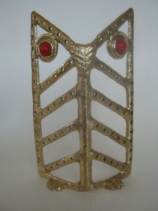 Mod Vintage Pierced Earring Owl Holder/ Stand/ Tree - Bright Goldtone & Red Eyes