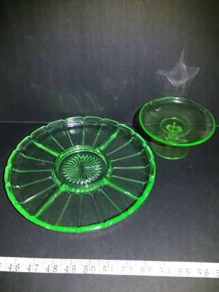 Vintage Green Vaseline Uranium Depression Glass Divided Round Small Cake Plate