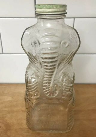 Vintage Clear Glass Elephant Bank Grapette Products Co.  Camden,  Ark.  Metal Lid
