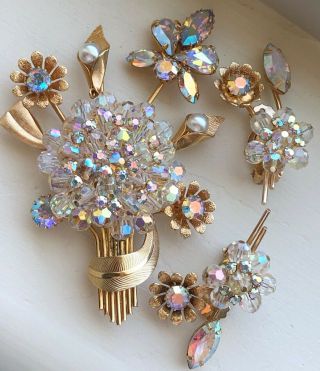 Vintage Juliana D&e Ab Crystal Rhinestone Glass Brooch & Earring Set