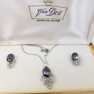 Van Dell Vtg Jewelry Set Hematite Oval Pendant Necklace Earrings Sterling Silver