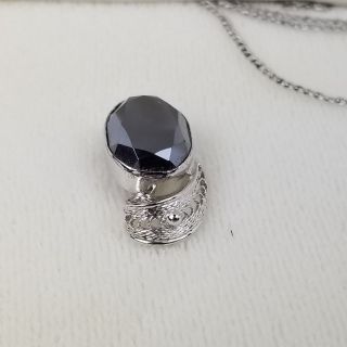 Van Dell Vtg Jewelry Set Hematite Oval Pendant Necklace Earrings Sterling Silver 3