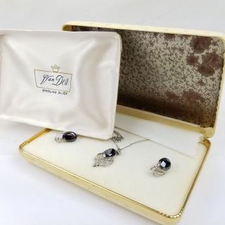 Van Dell Vtg Jewelry Set Hematite Oval Pendant Necklace Earrings Sterling Silver 8