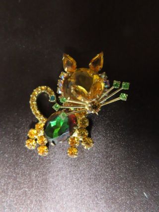 Vtg Gold Tone Golden Topaz And Emerald Green Crystal Cat Brooch