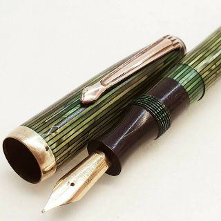 Green Striped Fountain Pen Piston Filler Vintage Hungary 1960 