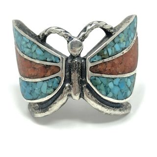 Vtg Chip Inlay Coral Turquoise Butterfly Ring Sz 8 Sterling Silver Navajo 8.  8g
