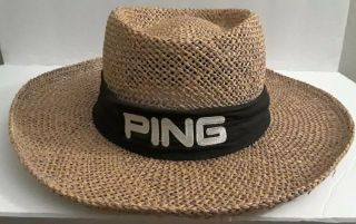 Vtg Ping Natural Straw Wide Brim Panama Golf Hat By Karsten Medium Usa